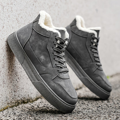 Men's Winter Warm Mid-Top Sneakers - Heavy-Duty Insulated Ankle Shoes with Thick Traction PVC Sole, Upper & Grey/White Beige Lining for Outdoor, Hiking, Skateboarding & Casual (Cold Weather) - Lace-Up Boots, Shoes For Men