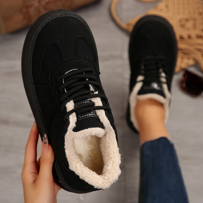 1 Pair Women's Winter Snow Boots with Plush Faux Fur, Thick Rubber Sole & Lace-Up Closure - Round Toe Warm Ankle Boots, Black & White Casual for Ice, Snow  Casual Attire (Hand Washable) - Cozy Cold-Weather Footwear, Boots For