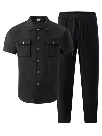 Men's Summer Casual Linen Blend Two-Pocket Shirt & Pants Set