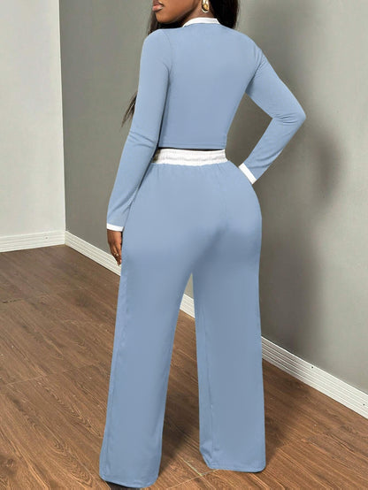 A Two-Piece Set Featuring a Sexy Color-Block Round-Neck Long-Sleeve T-Shirt Paired with High-Waisted Belted Trousers - ayq