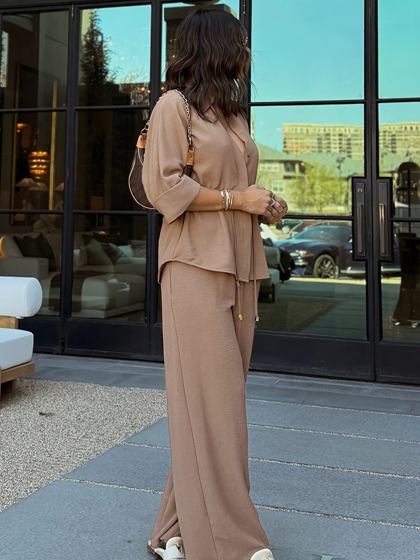Women'S Spring And Autumn Solid Color Casual Minimalist Button-Up Shirt with Waist Drawstring Design And Vintage French Style Long Sleeves, Paired with Wide-Leg Pants in a Two-Piece Set - ayq