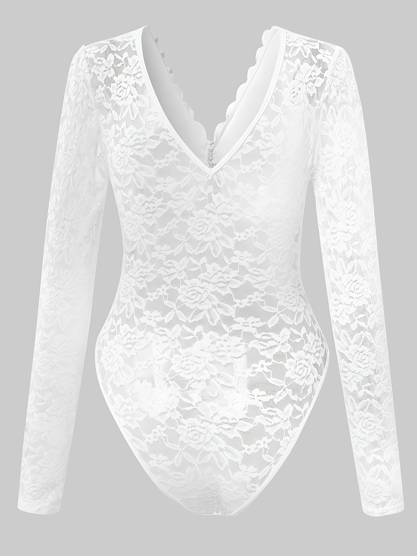 Stylish Deep V Backless Lace Rose Print Sheer Fitted Long Sleeve Bodysuit 10717