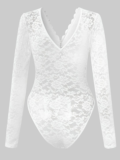 Stylish Deep V Backless Lace Rose Print Sheer Fitted Long Sleeve Bodysuit 10717