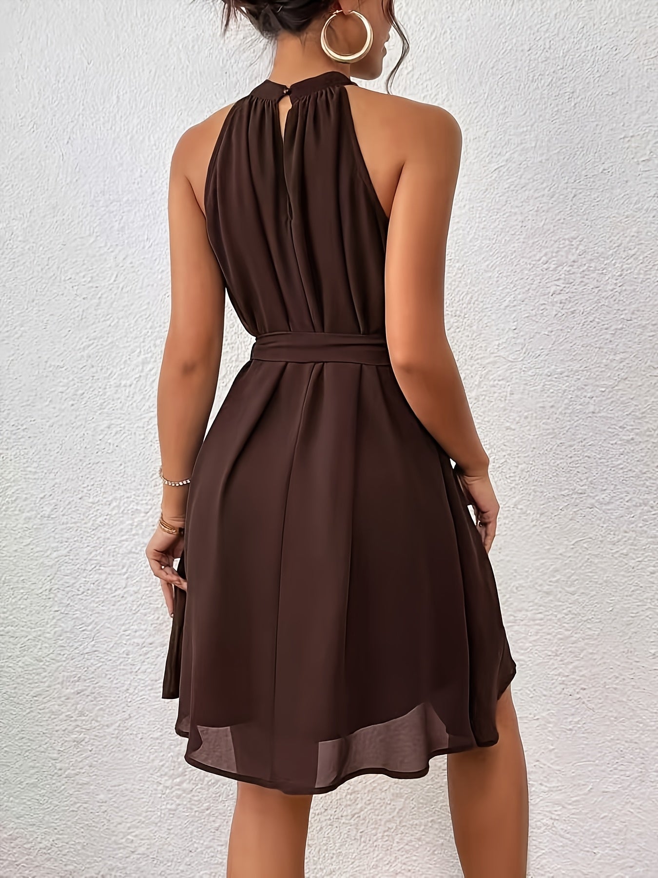 Women’s Solid Color Chiffon Halter Neck Summer Dress with Belt