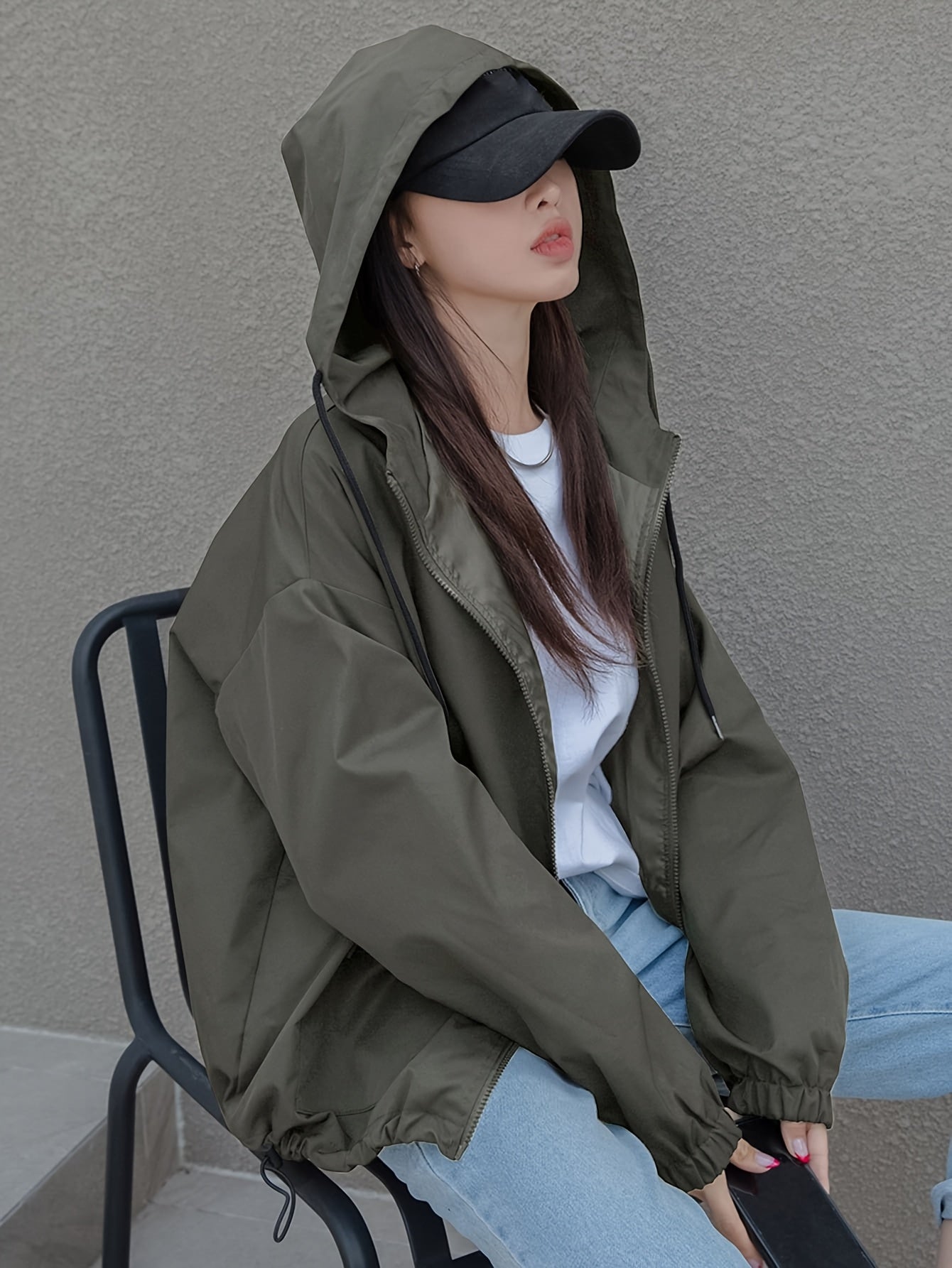 Women's Casual Hooded Jacket - Academic Style Double Pocket Zipper Front, Adjustable Drawstring Hood, Solid Color, Machine Washable Spring/Fall Outerwear for Everyday Comfort, Fall Clothing, Classic Design, Quality Stitching,