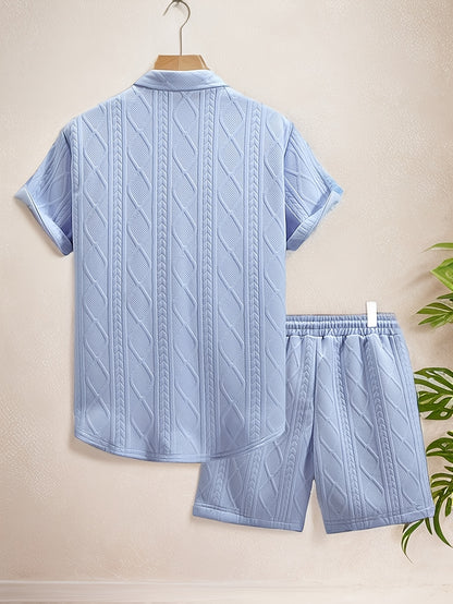 Men's Set Shirt Short Sleeve Shorts Thick Solid Color Knit Jacquard Casual Comfort High-Quality Two-Piece Set