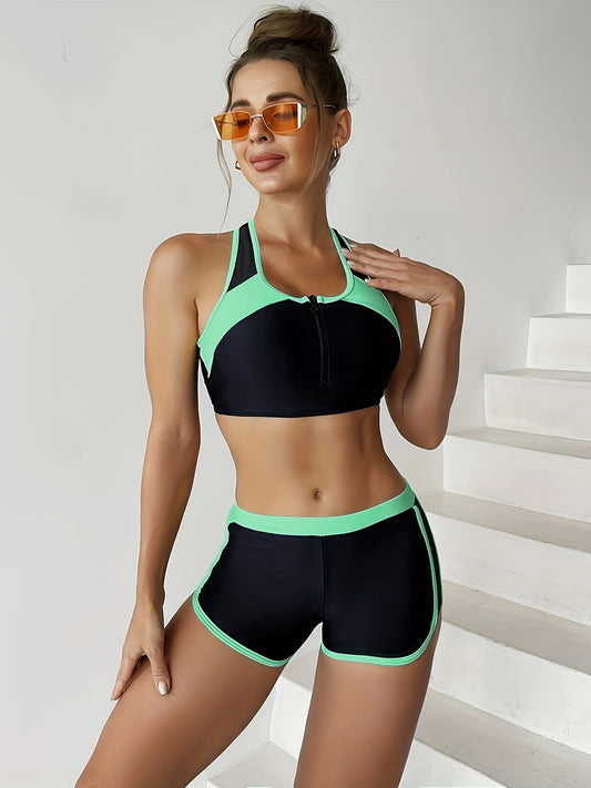 Women's Solid Color Patchwork Bikini with Medium Stretch - ayq