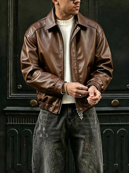 Men's Loose Fit Lapel Workwear Jacket with Snap Closure
