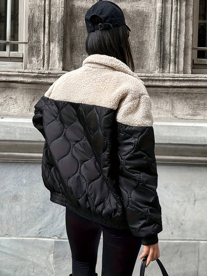 2025 Autumn And Winter Fashion New Street Casual Trend Quilted Spliced Lamb Long Sleeve Warm Jacket for Women