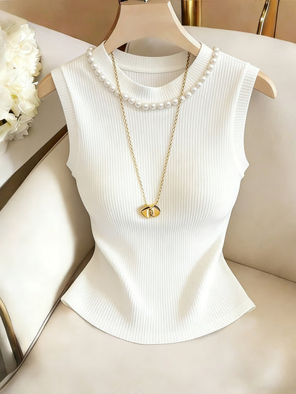 Women’s Elegant Pearl-Embellished Sleeveless Slim-Fit Top