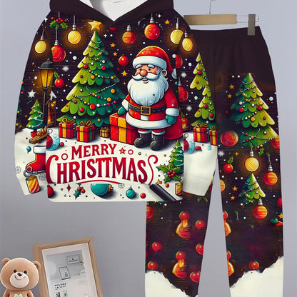 2pcs Boys' Christmas & New Year 2-in-1 Hoodie Set with Santa & Reindeer 3D Print - Warm Winter Outfit, Matching Sweater & Pants for Kids, Holiday Party (Hand Washable) - Festive Boys Clothing, Perfect for Outdoor