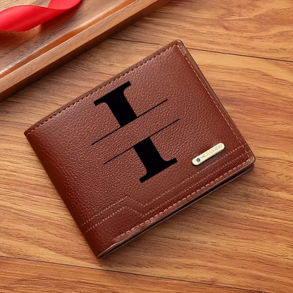 1pc Men's Business Style Faux Leather Wallet, Customizable Text and Initials, Solid Color Faux Leather with Contrast Accents, Compact Short Bifold Design for Easy Carrying - Perfect Birthday Gift for Boyfriend and Father, Per