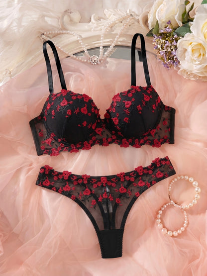Women's Floral Embroidered Lingerie Set - Elegant Bra & Panties