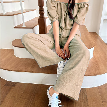 Women's Summer Solid Color Off-Shoulder Puff Sleeve Crop Top and Loose Wide-Leg Pants Two-Piece Set