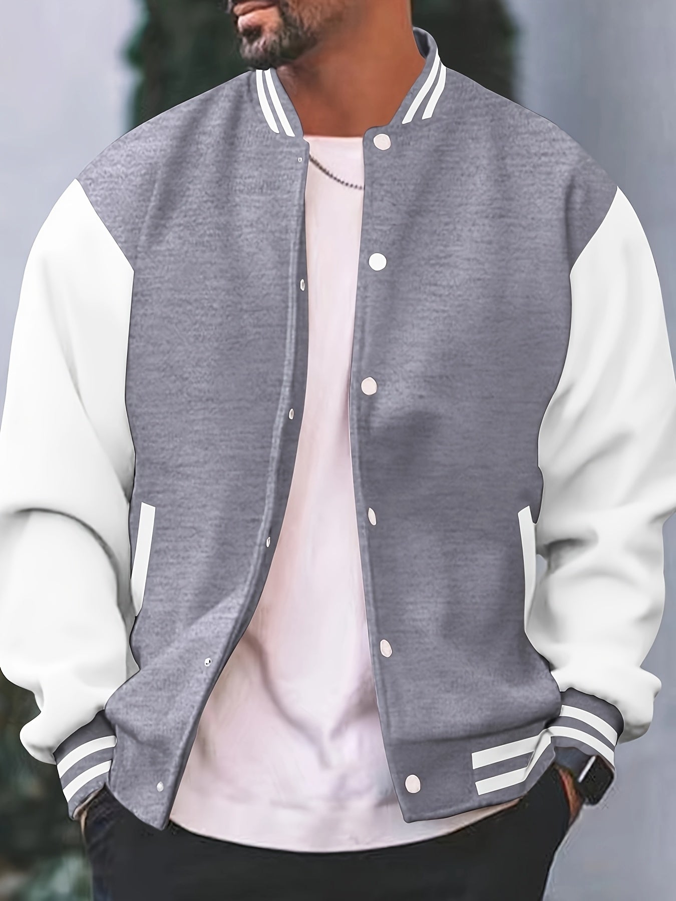 Men'S Casual Baseball Jacket - Stylish Black with White Stripes, Button-Up, Long Sleeve, Perfect for Spring & Fall, Casual Attire, Casual Wear|Baseball Jacket| Constructio