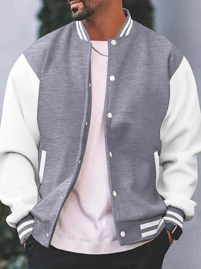 Men'S Casual Baseball Jacket - Stylish Black with White Stripes, Button-Up, Long Sleeve, Perfect for Spring & Fall, Casual Attire, Casual Wear|Baseball Jacket| Constructio