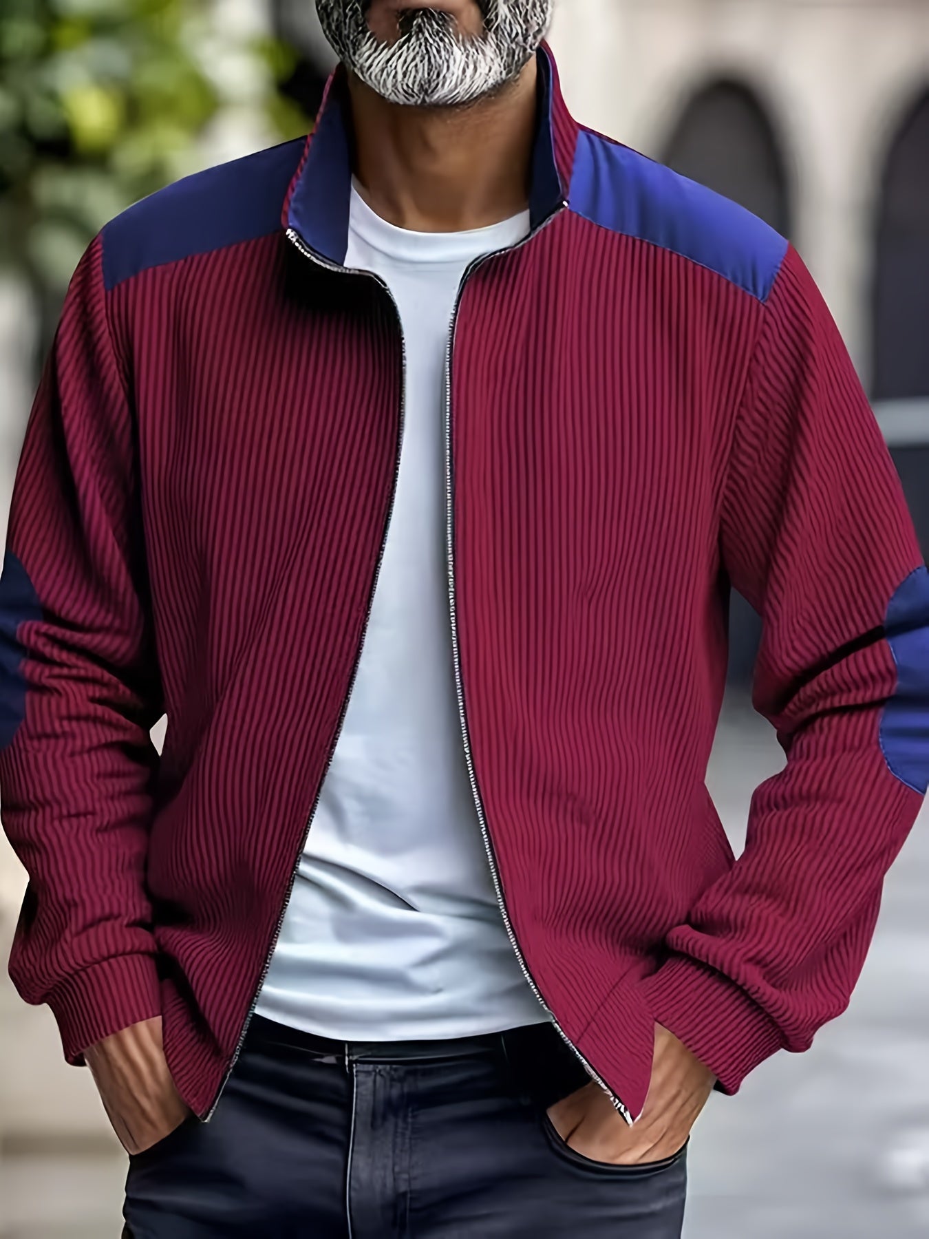 Men'S Long Sleeve Patchwork Fashion Warm Jacket, Corduroy Long Sleeve Warm Coat with Zipper Stand Collar Long Sleeve Casual Comfortable Autumn and Winter Style