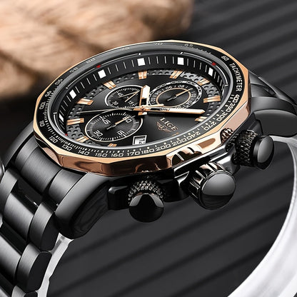 LIGE Watches Fashion Junior Men's Sports Multifunctional Quartz Watch, IP68 Waterproof Watch, Stainless Steel Band, Precision Chronograph, Stopwatch Date Function, Casual Elegant Vintage Style New Watch, Holiday Gifts - ayq