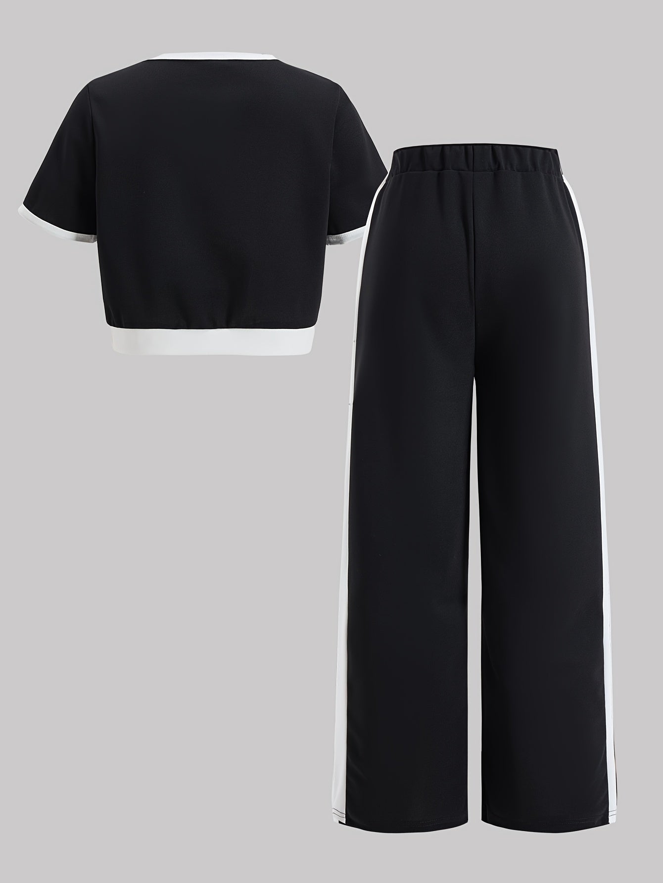 Girls Black & White Contrast Beaded Top with Straight-Leg Pants