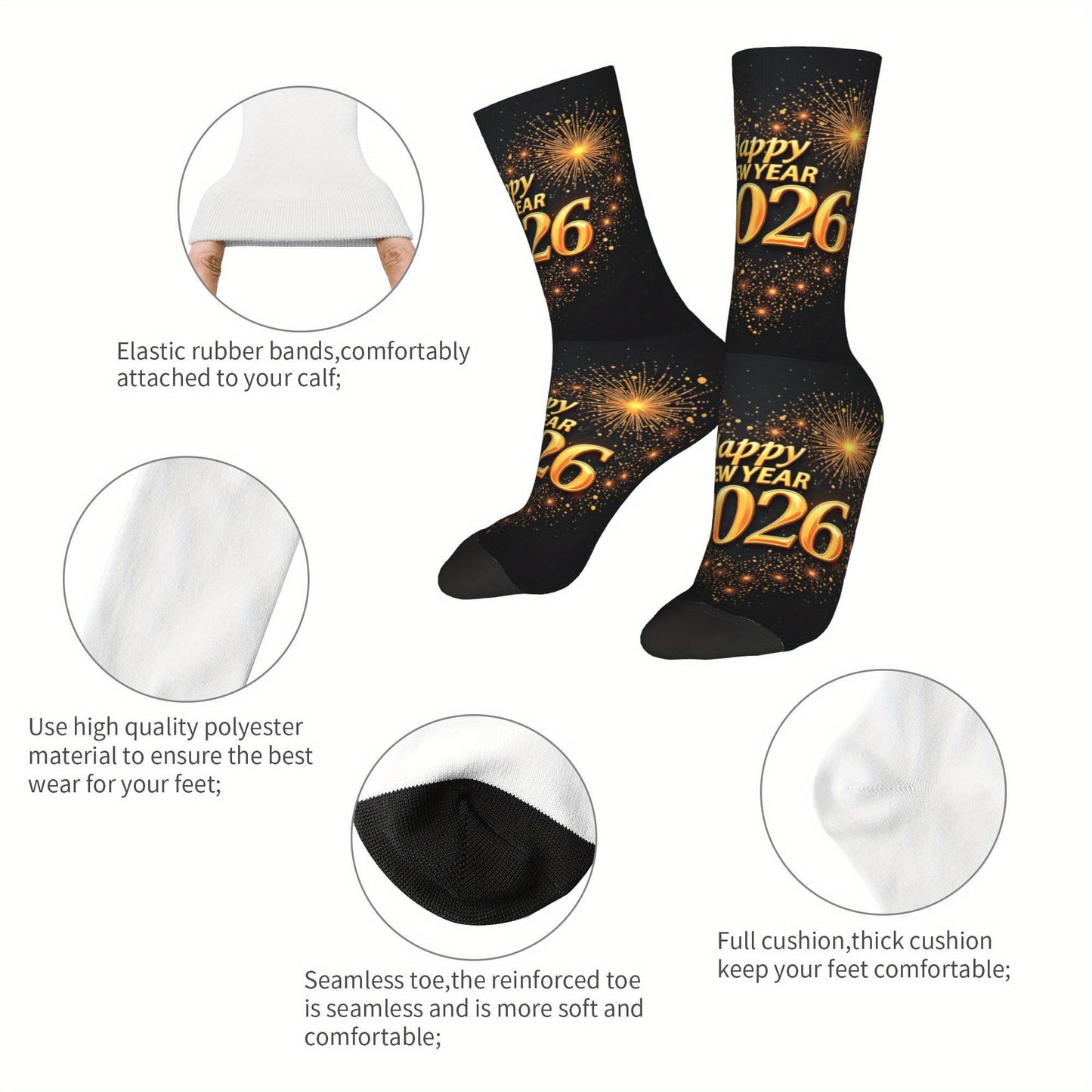 1pc Harajuku Happy New Year 2026 Crew Socks - Black with Golden Glitter "Happy New Year 51.46meter Print, Versatile Sports & Fitness Socks for Men, Women, and Gifts, Hand Wash or Dry Clean, Festive Socks | Festive Crew Socks