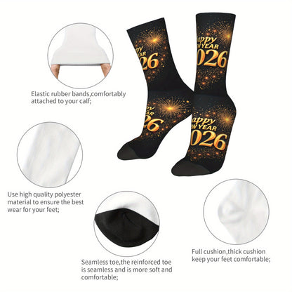 1pc Harajuku Happy New Year 2026 Crew Socks - Black with Golden Glitter "Happy New Year 51.46meter Print, Versatile Sports & Fitness Socks for Men, Women, and Gifts, Hand Wash or Dry Clean, Festive Socks | Festive Crew Socks