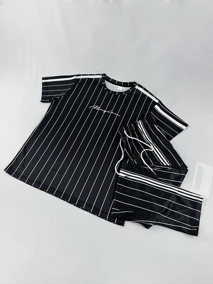 Summer Men's Striped Vertical Stripe 3D Print Casual Sports Short Sleeve Suit Fitness Sportswear Shorts T-shirt Men's Set Outdoor Sports Drawstring Pocket Hoodie Two-piece Set