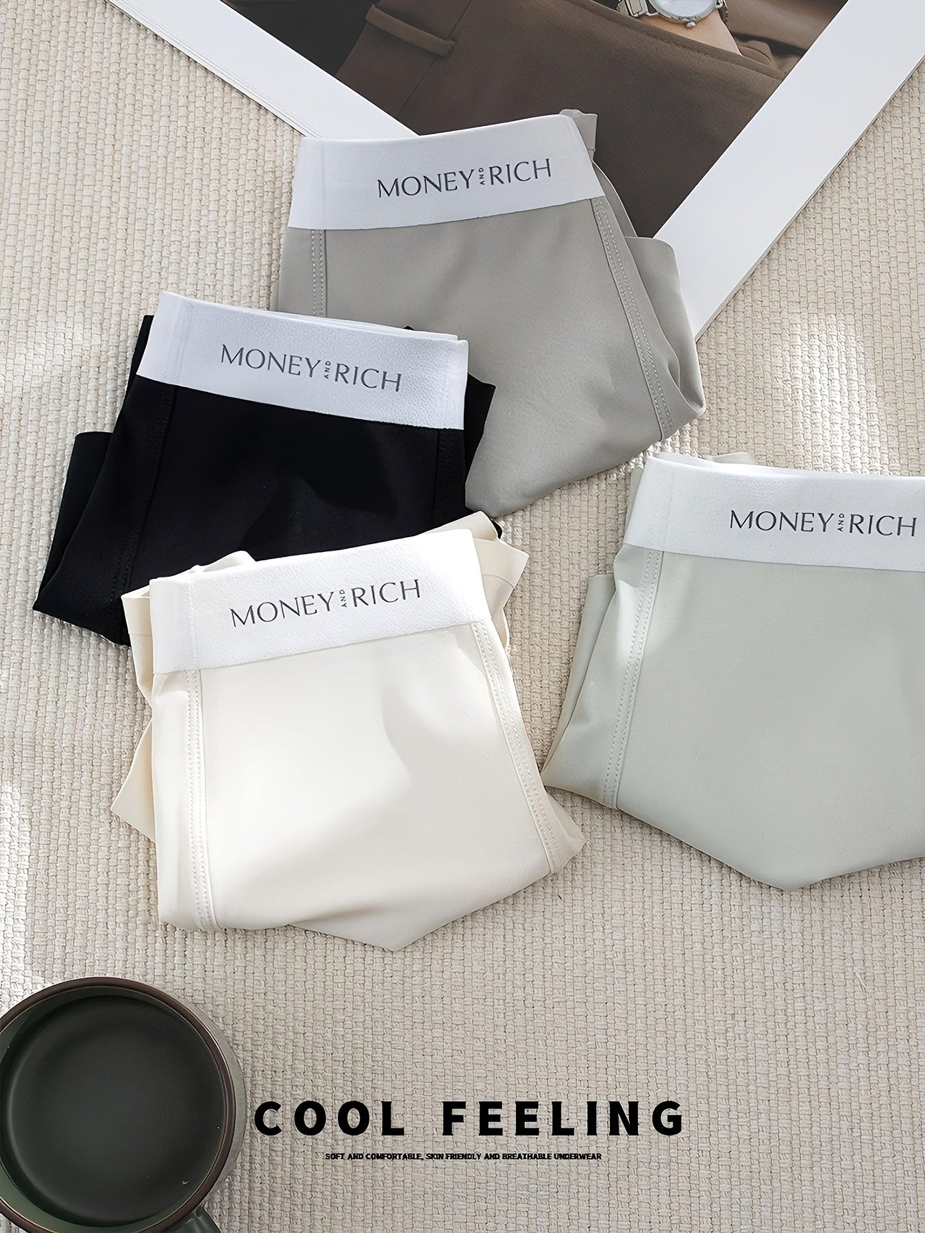 Men's Stretchy Solid Color Breathable Seamless Boxer Briefs, 4-Pack