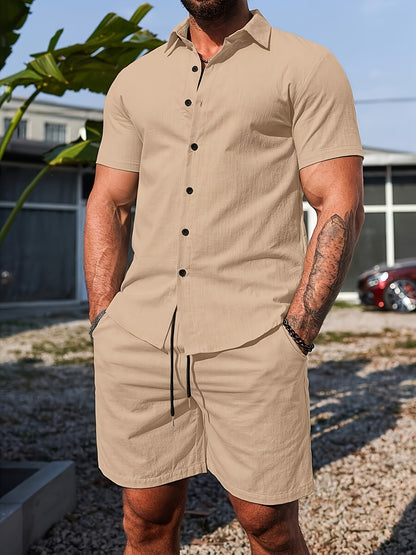 Men's Casual Summer Solid Short Sleeve Shirt & Shorts Set