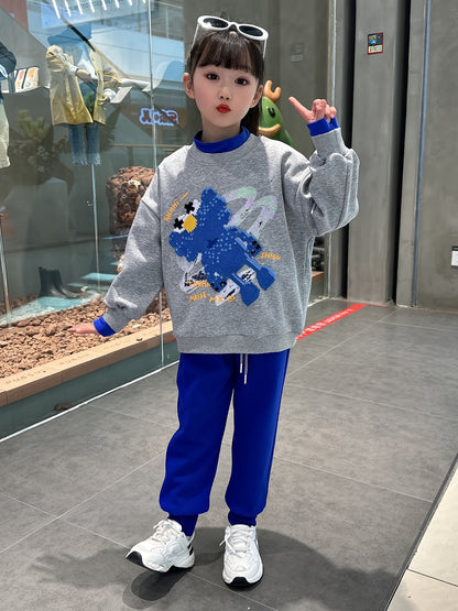 Girls' Casual Cotton Sweatshirt & Pants Set for Fall-Winter