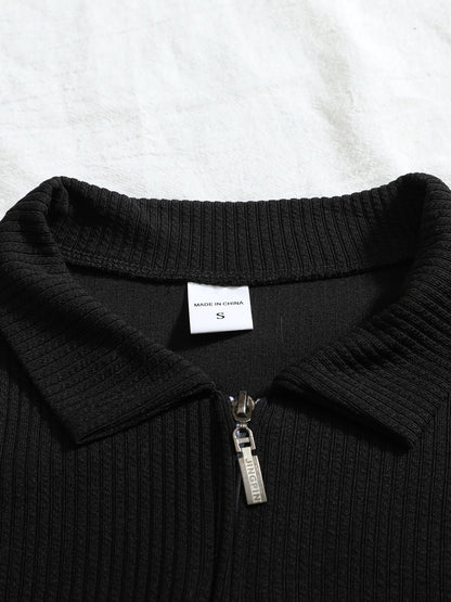 Men's Casual Long-Sleeve Ribbed Polo Shirt for Fall/Winter