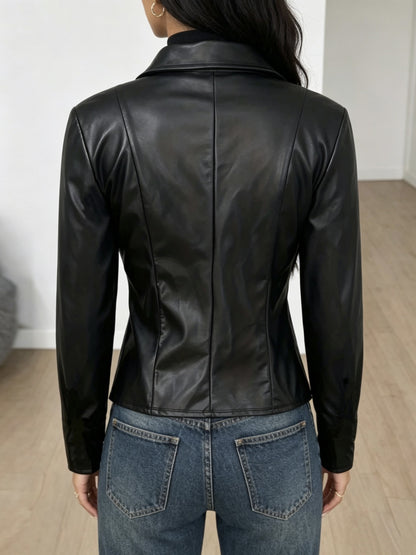 Women's Elegant PU Jacket with Lapel Collar, Versatile Casual Coat