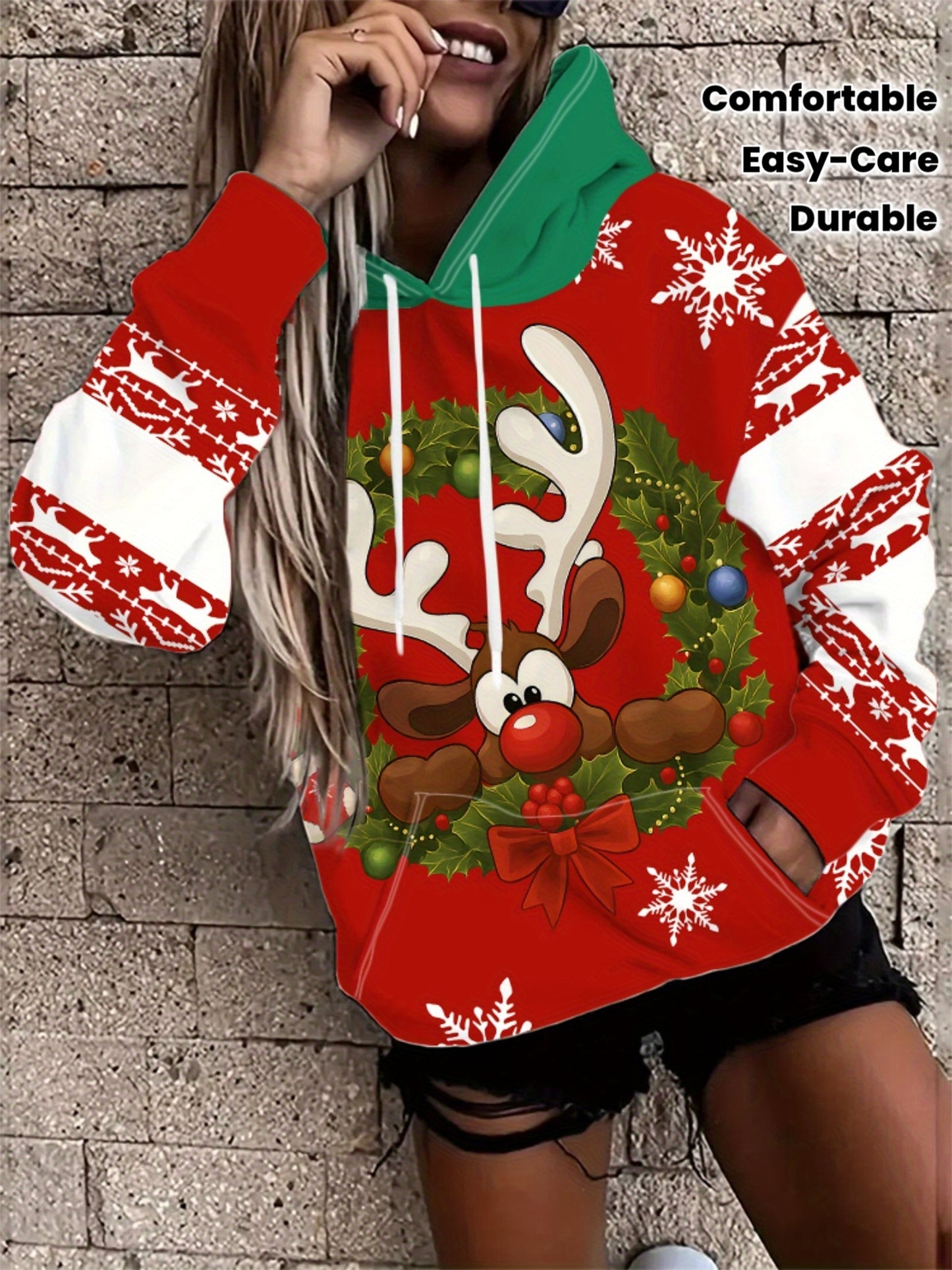 Women'S Christmas Hoodie - Red & White Holiday Sweater with Reindeer, Snowflakes - Cozy Winter Pullover for Christmas Party Outfit, Casual Casual Attire - Non-See-Through Fabric - Easy Care Hooded Sweater, Christmas Hoodie, F