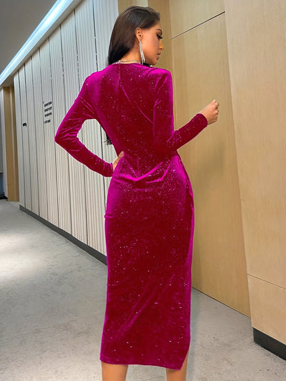 Autumn Dress, Winter Clothing, Christmas and Halloween Elegant Wedding Gown with Silvery-Embellished Deep V-Neck and High Slit Bodycon Evening Dress for Women