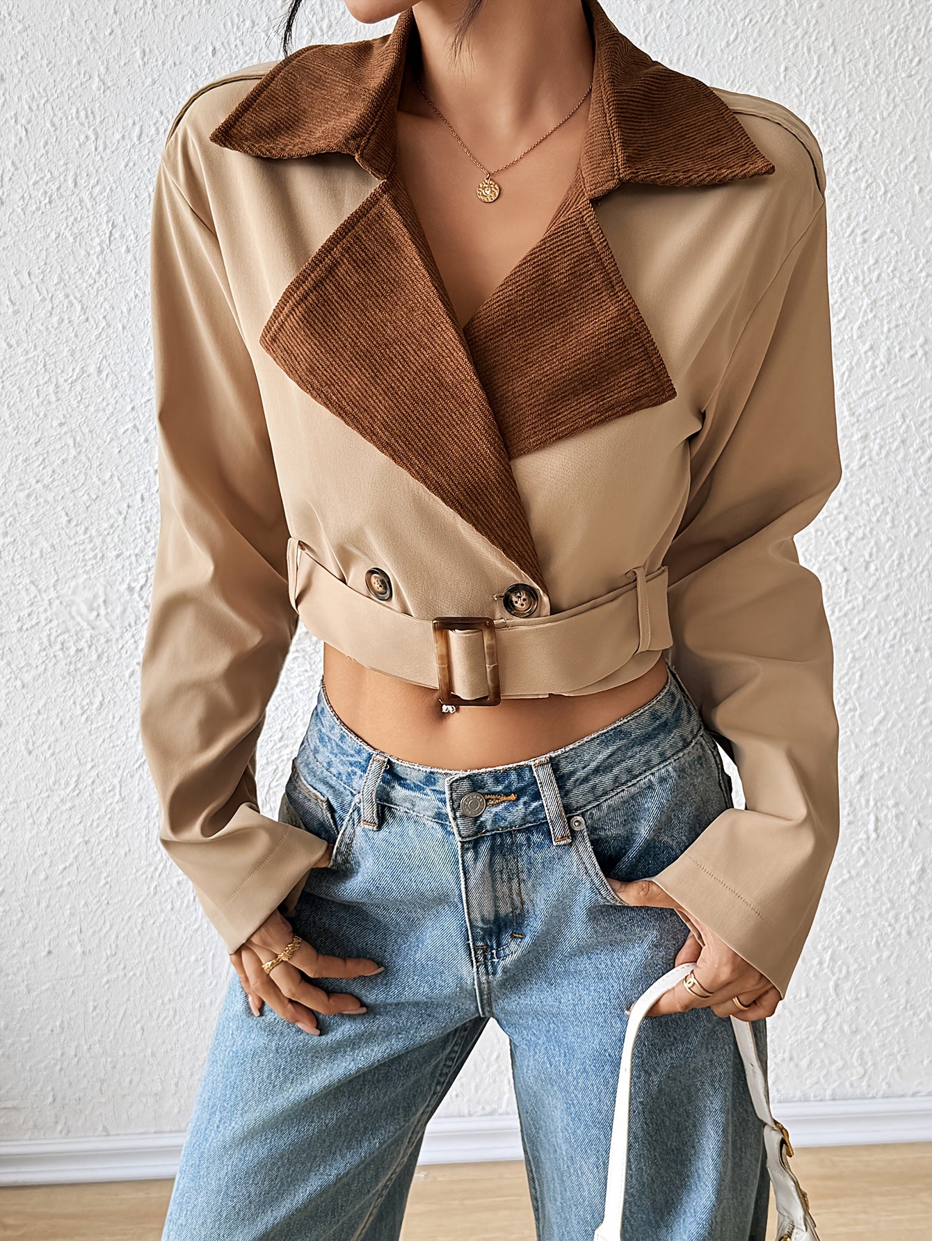 Women'S Casual Double-Breasted Trench Coat - Loose Fit, Long Sleeve, Beige & Brown Patchwork Design, Button-Up Front, Lightweight Fabric for Spring/Fall, Spring Outerwear | Relaxed Fit Coat | Structured Design