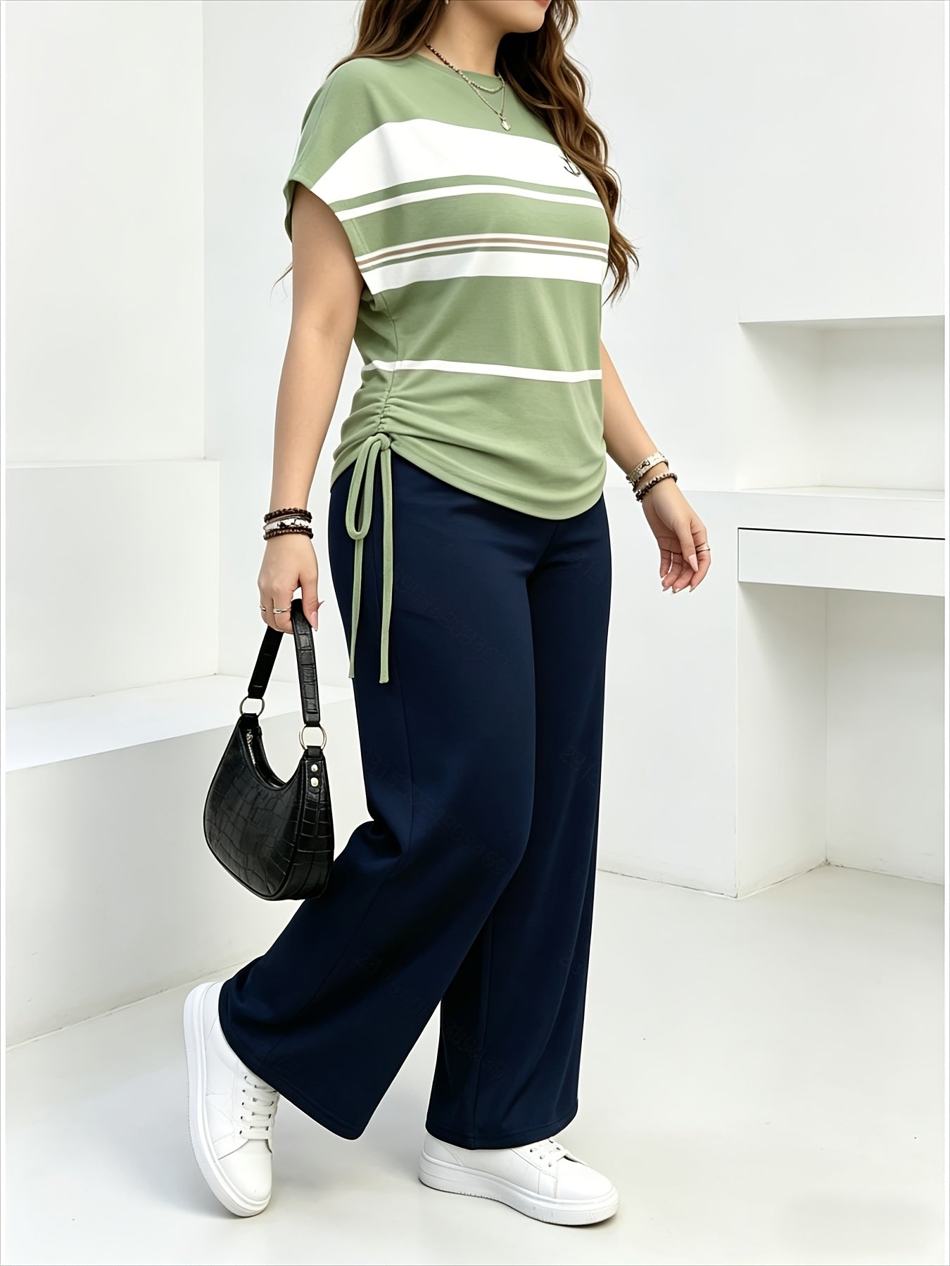 Women's Casual Two-Piece Set with Striped Bow Drawstring