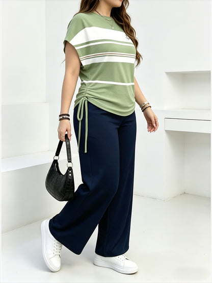 Women's Casual Two-Piece Set with Striped Bow Drawstring