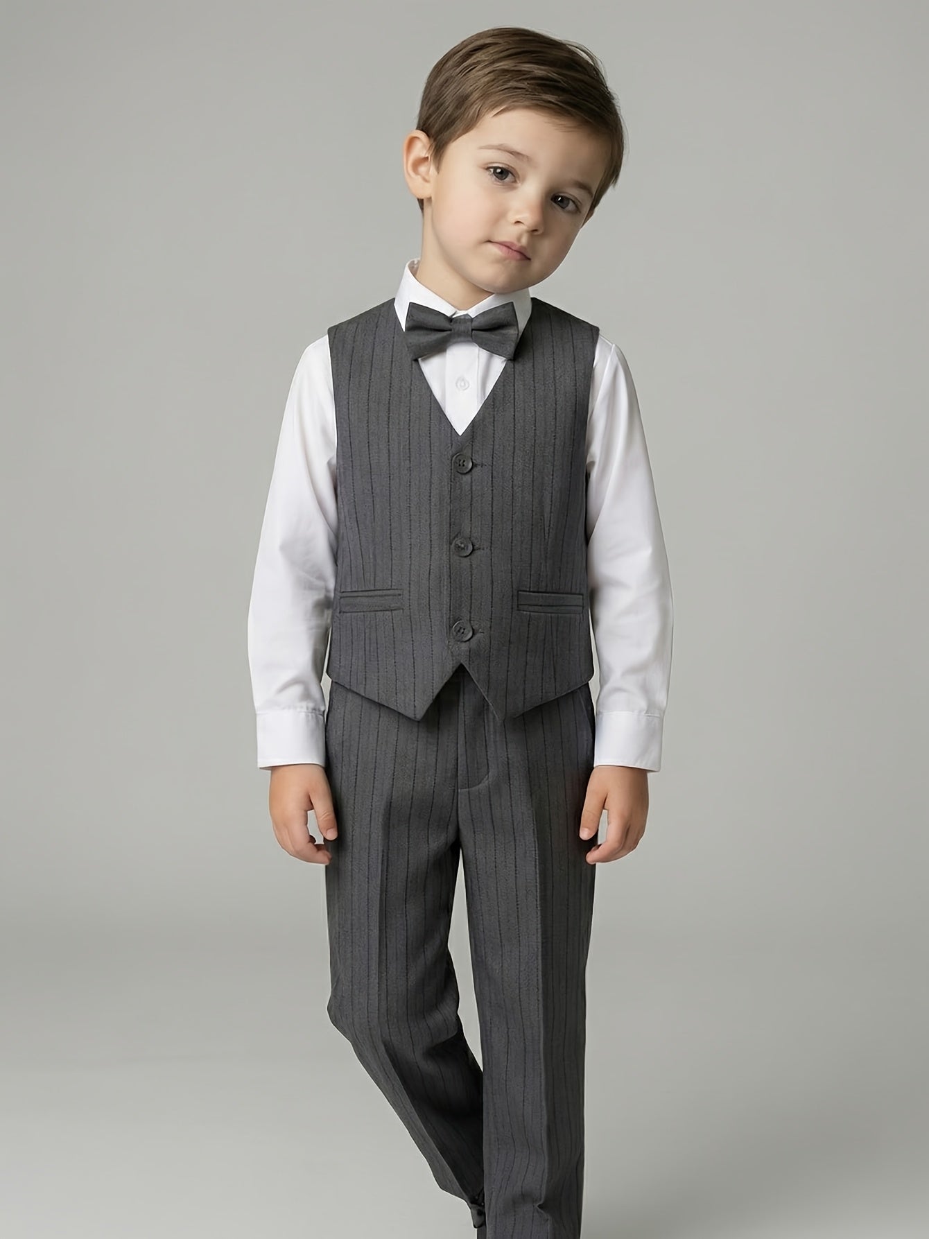 Boys' Striped Suit Vest Set with Bow Tie for Formal Occasions