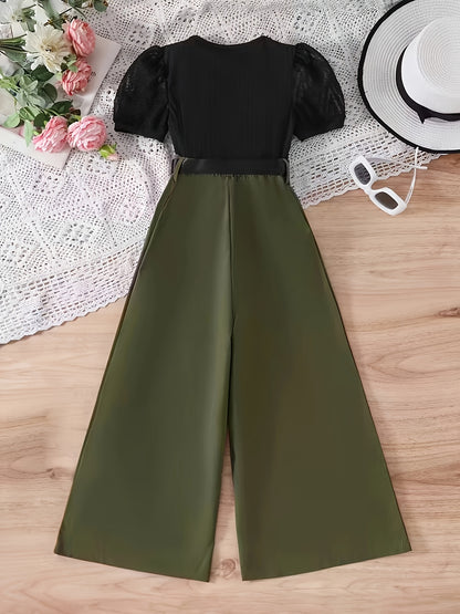 Girls' Retro Elegant 2-Piece Set: Mesh Puff Sleeve Top & Wide-Leg Pant