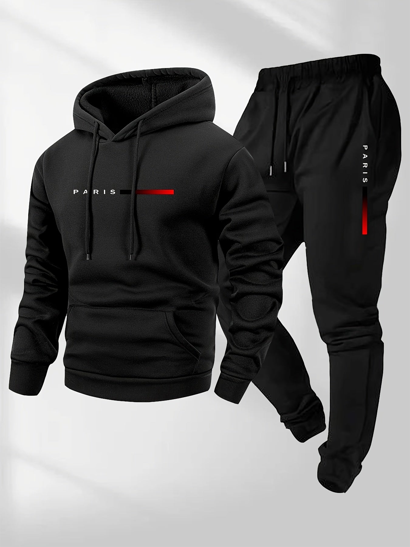 Men's Hoodie and Drawstring Sweatpants Set with PARIS Letter Print