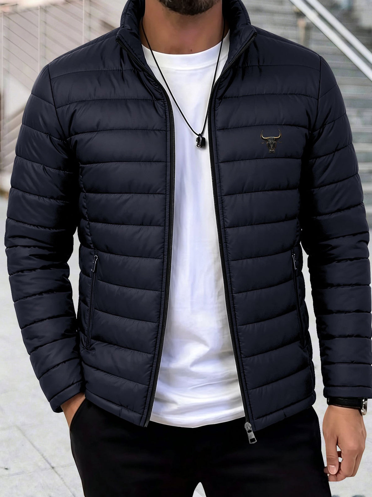 Men's Stand Collar Padded Jacket with Bull Head Print for Fall