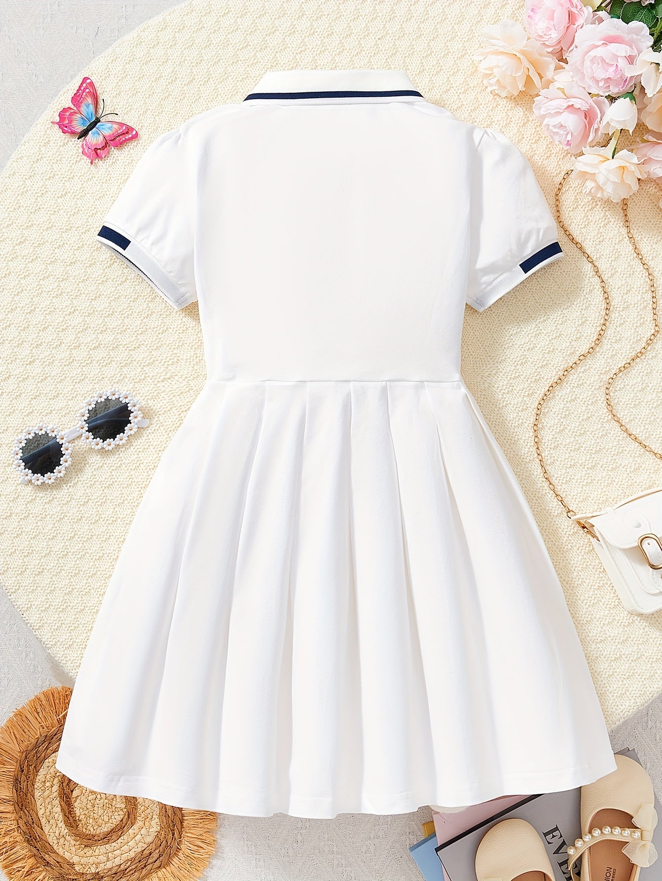 Girls' Summer Preppy Cotton Blend Pleated A-Line Dress
