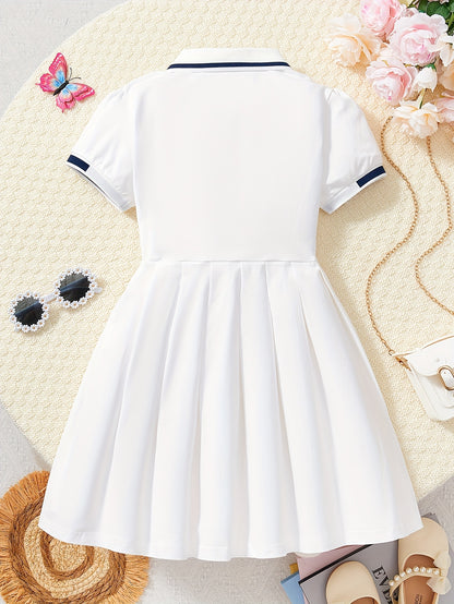 Girls' Summer Preppy Cotton Blend Pleated A-Line Dress