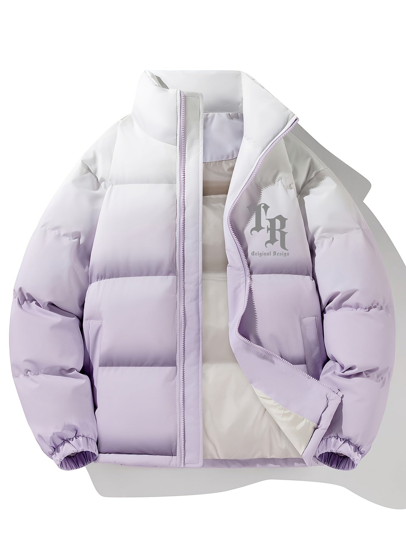 1pc Men'S Street Style Stand Collar Coat, Alphabet Print, Regular Fit, Drawstring Detail, Non-Stretch Woven Polyester, 100% Polyester Filler, Long Sleeve Casual Warm Gradient Jacket for Autumn and Winter