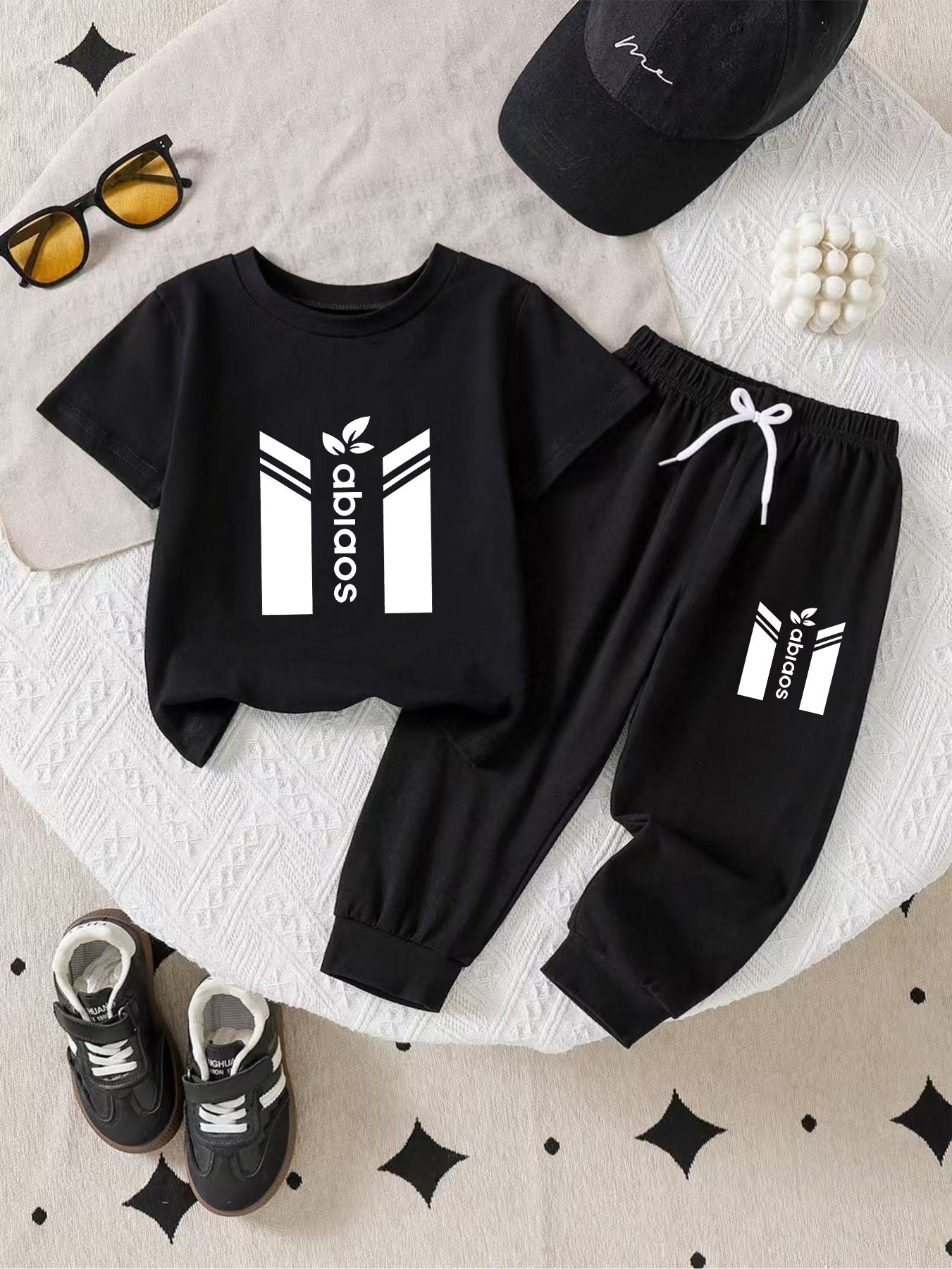 Boys' Casual Cotton Tee & Pants Set - Soft, Breathable, All-Season