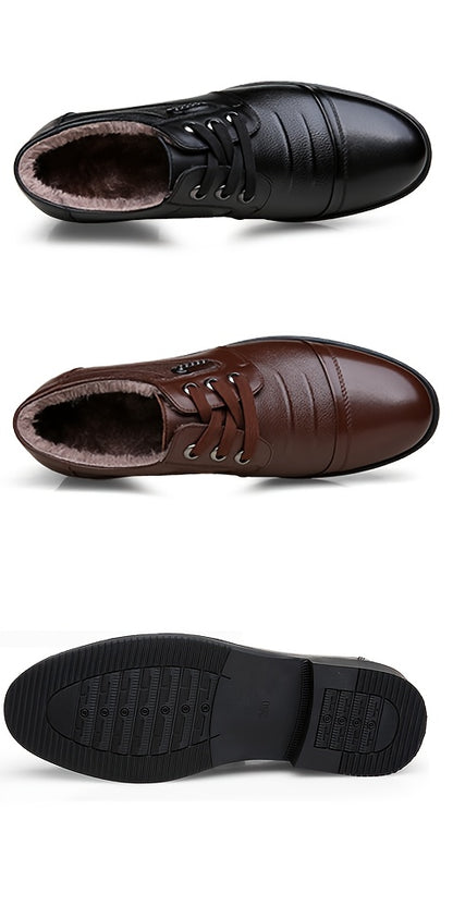 Men'S Genuine Leather Winter Warm Business Casual Shoes - Rubber Sole, Lace-Up Low-Top Design with Fabric Lining for All-Day Comfort, Black Solid Color for Office & Daily Wear