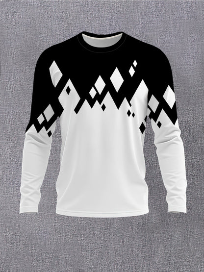 Men's Black & White Contrast Round Neck Long Sleeve T-Shirt - Casual Versatile Base Layer Top with Subtle Crossover Print, Machine Washable, Regular Fit for -Casual & Semi-Formal Wear