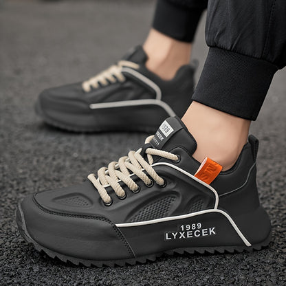 LYXCEK Men's Summer Casual Running Shoes - Trendy Chunky Sneakers with Height Boost, Black  Beige, Lace-Up, Breathable Fabric Lining, Non-Slip PVC Sole, Fit