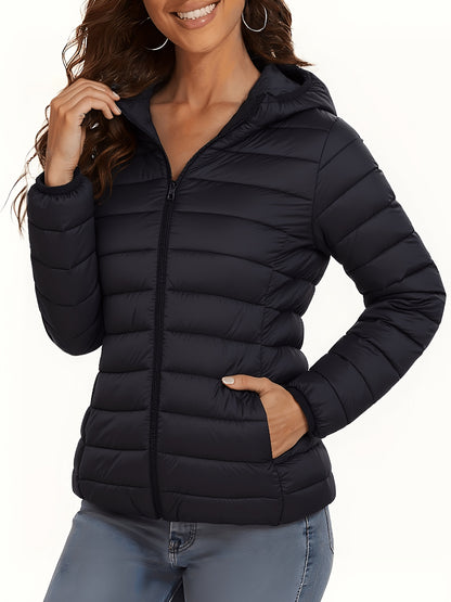 Lightweight Women's Hooded Zipper Padded Coat with Retractable Cuffs