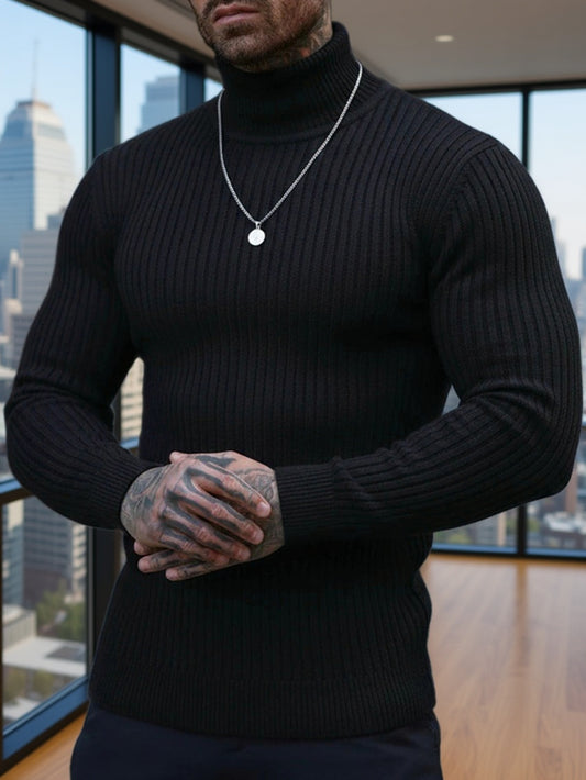 A Men'S Turtleneck Sweater Featuring Vertical Stripes, Designed for a Slim Fit with a Soft And Skin-Friendly Texture. The Textured Design Offers a Neat Appearance Without Being Cumbersome. This Style Is Suitable for Various O