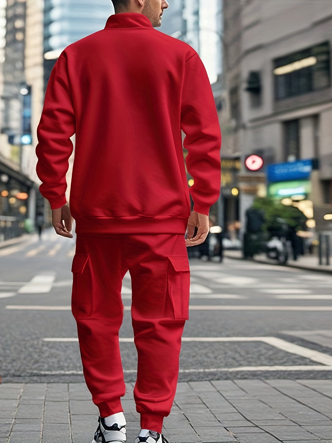 Versatile Ensemble, Men's Casual 2pcs Set: Heavyweight Zip-Up High Neck Sweatshirt & Pocketed Work Pants - Solid Color, Plush Fabric for Fall/Winter